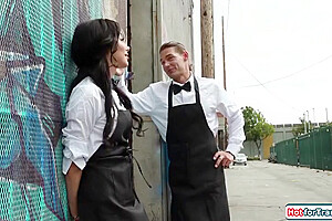 Ariel Demure In My Busty Shemale Waiter Colleague Jerking Off Both Our Dicks