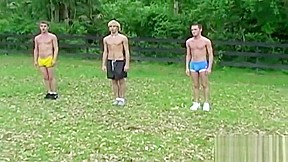 Athletic young men group workout before big cock sucking and handjob