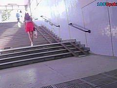 Auburn girl with bubble ass wears thong in upskirt vid