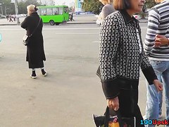 Beautiful upskirt playgirl on a bus stop