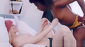 Black muff diver with small tits licked by cute white girl