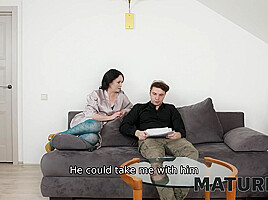 Black-haired Mature Takes Care Of Dick Belonging To Angry Stepson