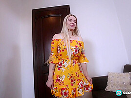 Blonde Angelica Looks Amazing In Her Yellow Sundress She Looks Even Better Spread, Fucked And Facialed