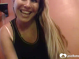 Blonde beauty has fun stripping her clothes off