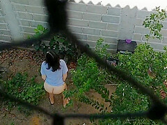 Bottomless Wife Goes Outside And Walk Near Workers