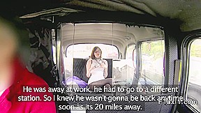 British brunette wanks and sucks in fake taxi