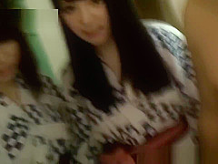 Busty asian jerking and cocksucking in group