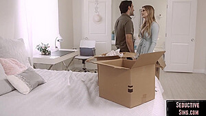 Busty babe sucks before getting fucked during steamy affair