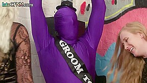 CFNM HJ femdoms jerking cock of spandex submissive guy