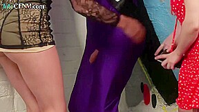 CFNM HJ femdoms jerking cock of spandex submissive guy