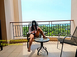 Chinese Ladyboy Cums On Balcony Of Sea View Hotel