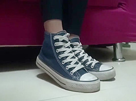 Chinese footjob with socks on pants