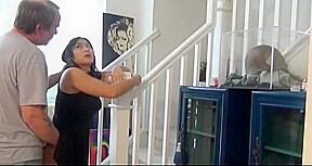 Chubby asian fuck and creampie on the stairs