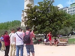 Chubby ebony sub butt plugged in public