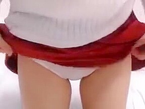 Cute girl in red skirts shows white panties
