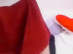 Cute girl in red skirts shows white panties