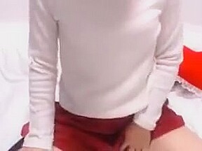 Cute girl in red skirts shows white panties