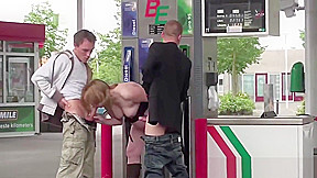 Cute teen 18+ girl PUBLIC sex construction site gangbang 3some