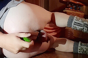 Double Cumshot After Cucumber Ass Fuck