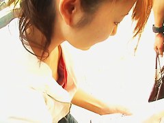 Downblouse scene with cute and super skinny Asian girl
