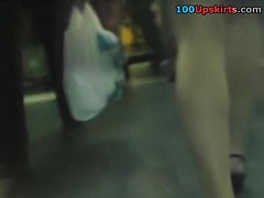 Dudes have a fun brunette’s public upskirt