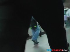 Dudes have a fun brunette’s public upskirt