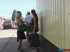 Excellent denim upskirt at bus stop