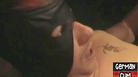 German gay in sling barebacked and fisted in club orgy
