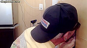 Gloryhole DILF fucked by chubby rimming stud in sling