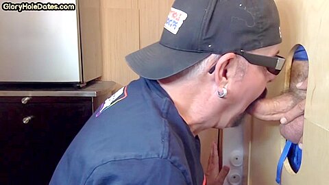Gloryhole POV mature gay sucks dick in homemade video