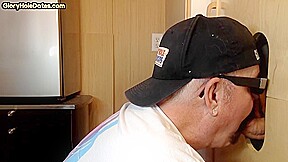 Gloryhole homemade DILF sucks and wanks BFs cock at home