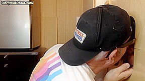 Gloryhole homemade DILF sucks and wanks BFs cock at home