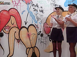 Gloryhole police femdoms in HJ orgy with curious voyeurs