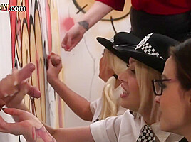 Gloryhole police femdoms in HJ orgy with curious voyeurs