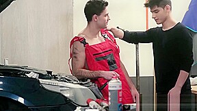 Gorgeous young dude barebacked by handsome car mechanic