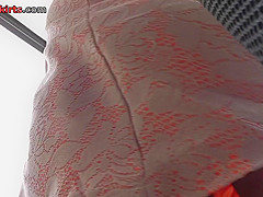 G-string on sexy blonde's ass in real upskirt vid
