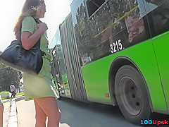 G-string upskirt video of a skinny ass auburn babe