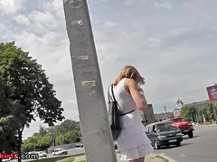 Hawt upskirt golden-haired in whte costume