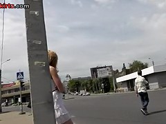 Hawt upskirt golden-haired in whte costume