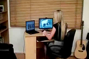 Horny blonde TS watches porn and strokes