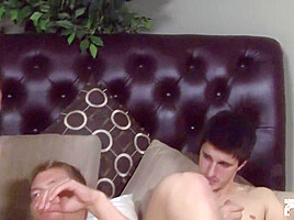 Horny older man sucks two twinks with big dicks on the bed