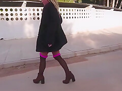 Outdoor Public Toilet Fingers And Flashing In Stockings And Big Fur Coat With Natalie K