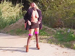 Outdoor Public Toilet Fingers And Flashing In Stockings And Big Fur Coat With Natalie K