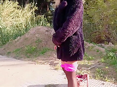 Outdoor Public Toilet Fingers And Flashing In Stockings And Big Fur Coat With Natalie K
