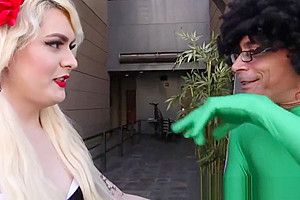 Pigtailed transsexual asshole gets hammered by Super Cock