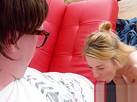 Pretty blonde swallows nerds big fat dick with pleasure