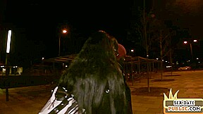 Public interracial blowjob with nerdy slut