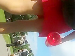 Public upskirt tease with cutie in a short dress