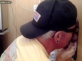 Real gloryhole DILF rimmed and fucked in sling by chubby gay
