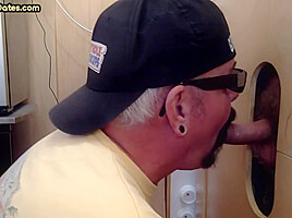 Real gloryhole DILF rimmed and fucked in sling by chubby gay